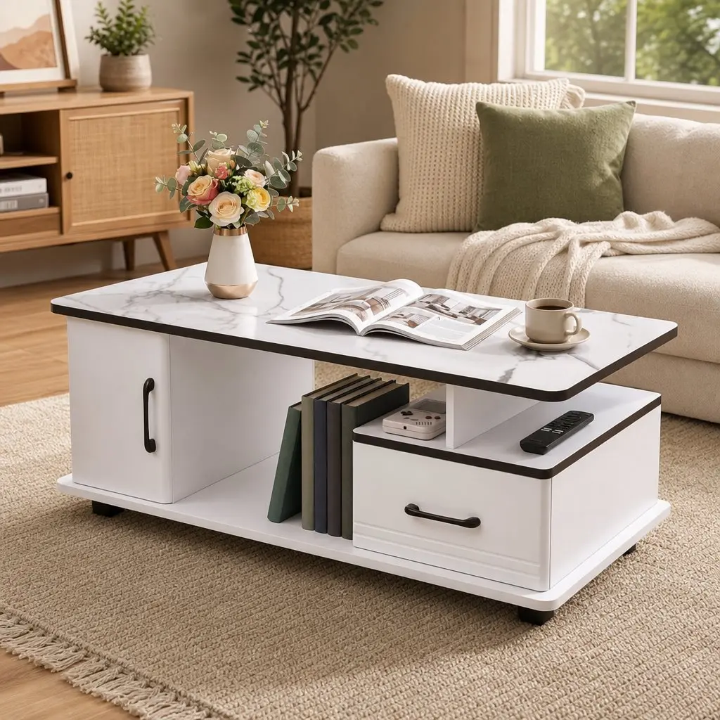Coffee Table White Marble Top Rectangular with Storage Drawer Open Shelves Solid Pine Wood Legs