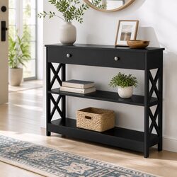 Black Console Table with USB Outlets and 3-Tier Storage
