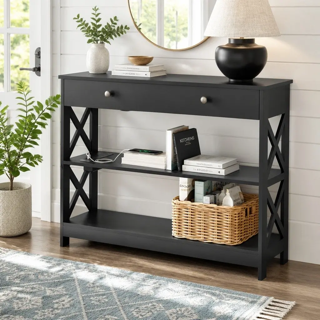 Black Console Table with USB Outlets and 3-Tier Storage