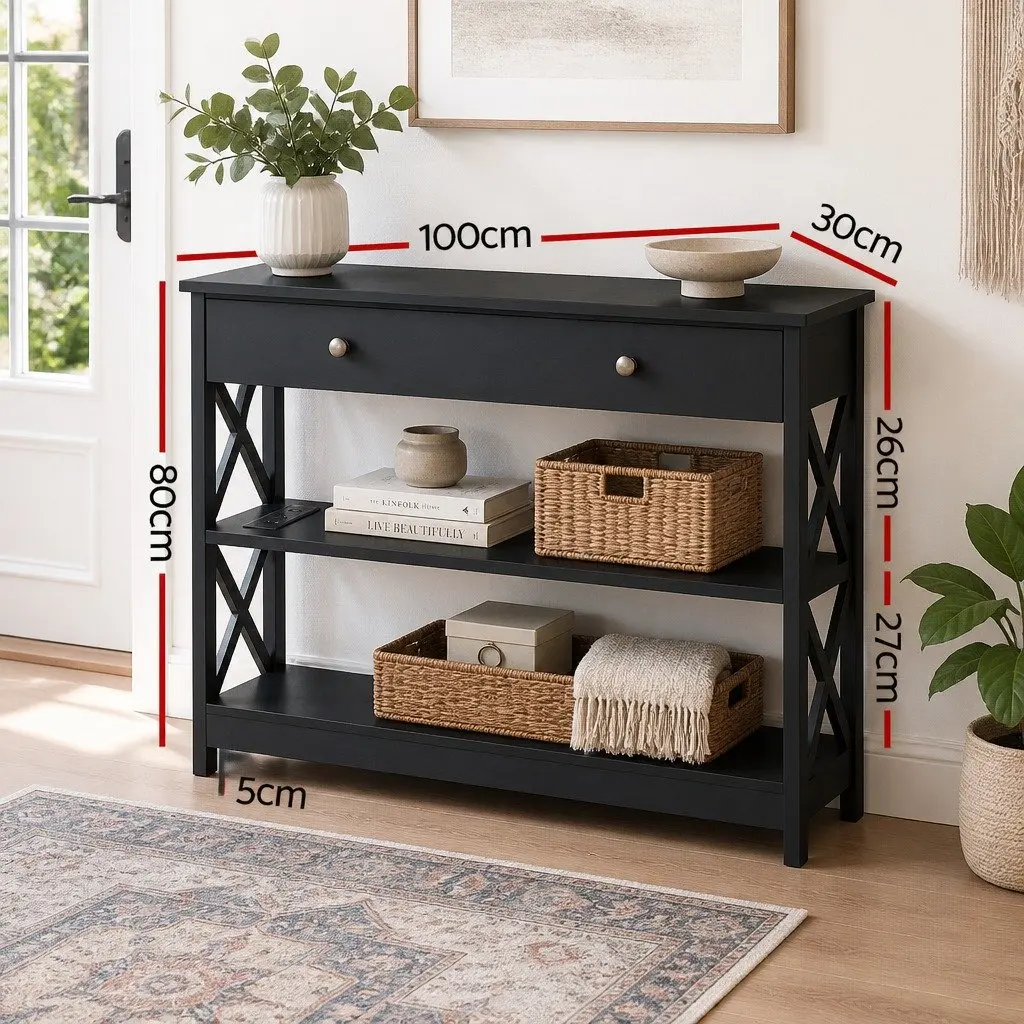 Black Console Table with USB Outlets and 3-Tier Storage