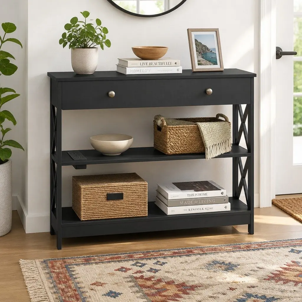 Black Console Table with USB Outlets and 3-Tier Storage