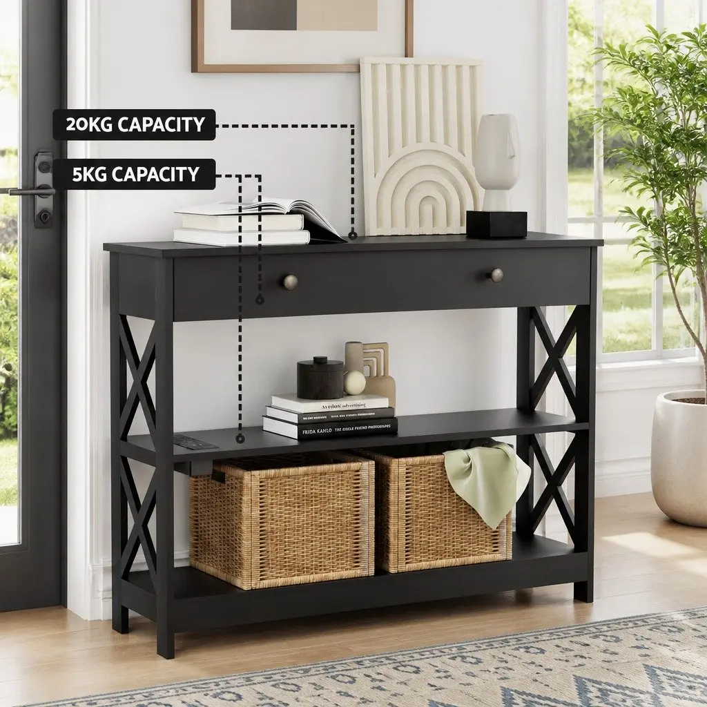 Black Console Table with USB Outlets and 3-Tier Storage