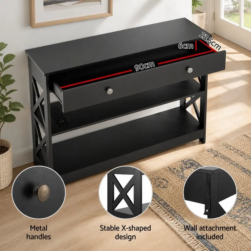Black Console Table with USB Outlets and 3-Tier Storage