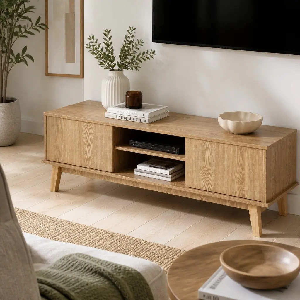 TV Unit Modern 140CM Particleboard with Tempered Glass Shelves Natural Finish