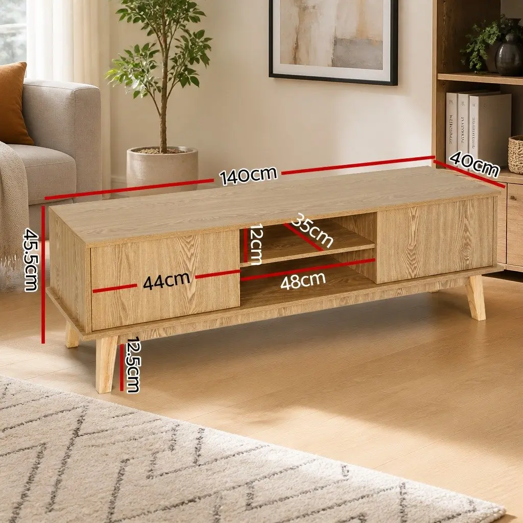 TV Unit Modern 140CM Particleboard with Tempered Glass Shelves Natural Finish
