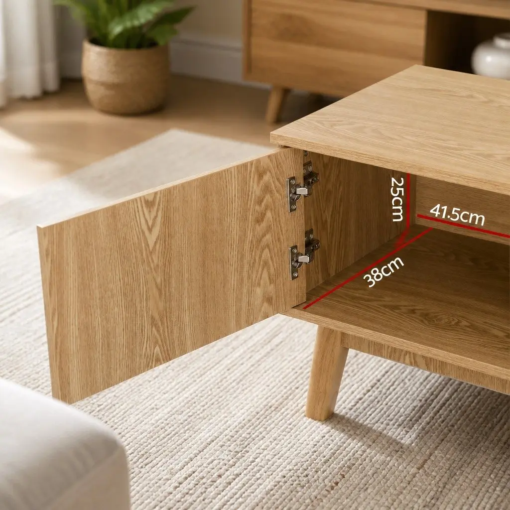 TV Unit Modern 140CM Particleboard with Tempered Glass Shelves Natural Finish