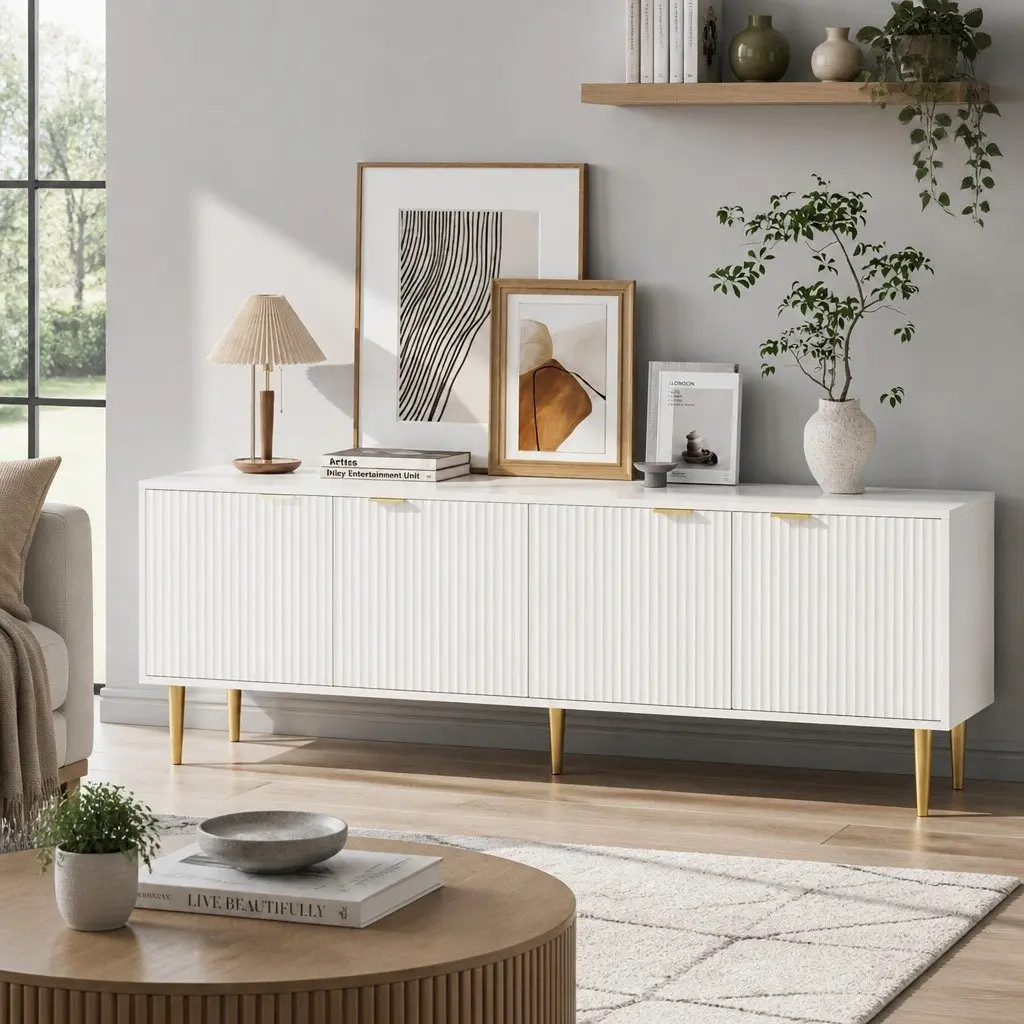 TV Unit Cabinet White 180CM 4-Door Storage Stand MDF and Particle Board with Metal Legs