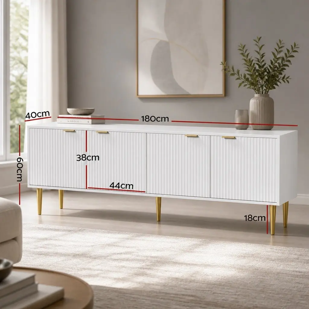 TV Unit Cabinet White 180CM 4-Door Storage Stand MDF and Particle Board with Metal Legs