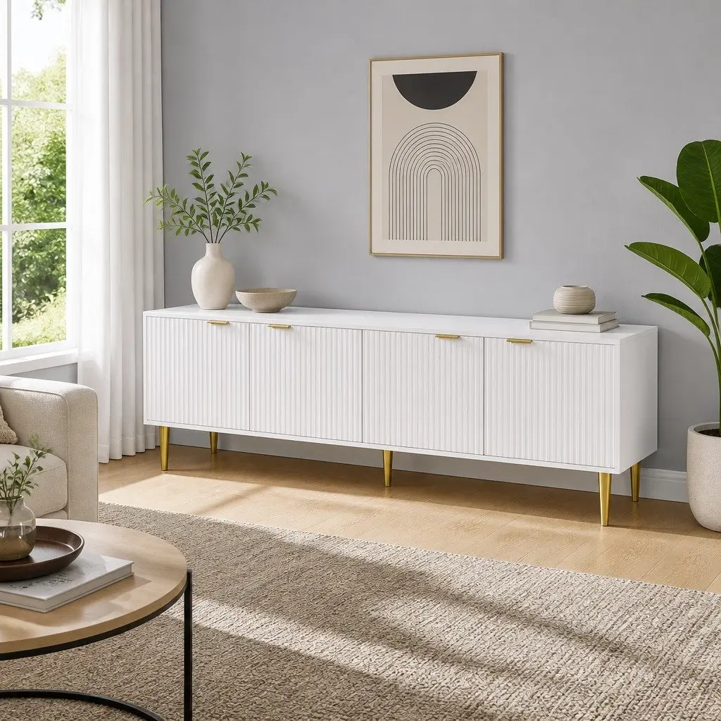 TV Unit Cabinet White 180CM 4-Door Storage Stand MDF and Particle Board with Metal Legs
