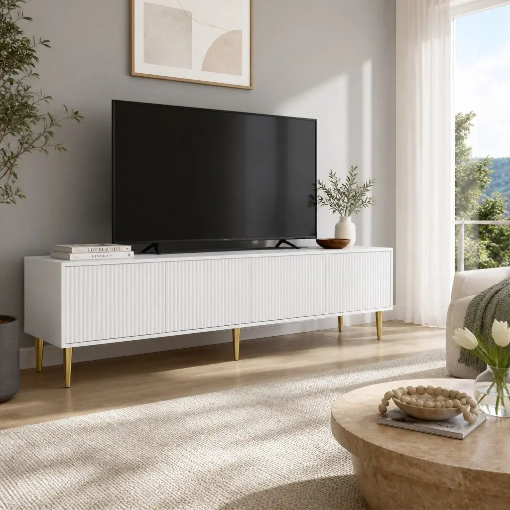 TV Unit Cabinet White 180CM 4-Door Storage Stand MDF and Particle Board with Metal Legs