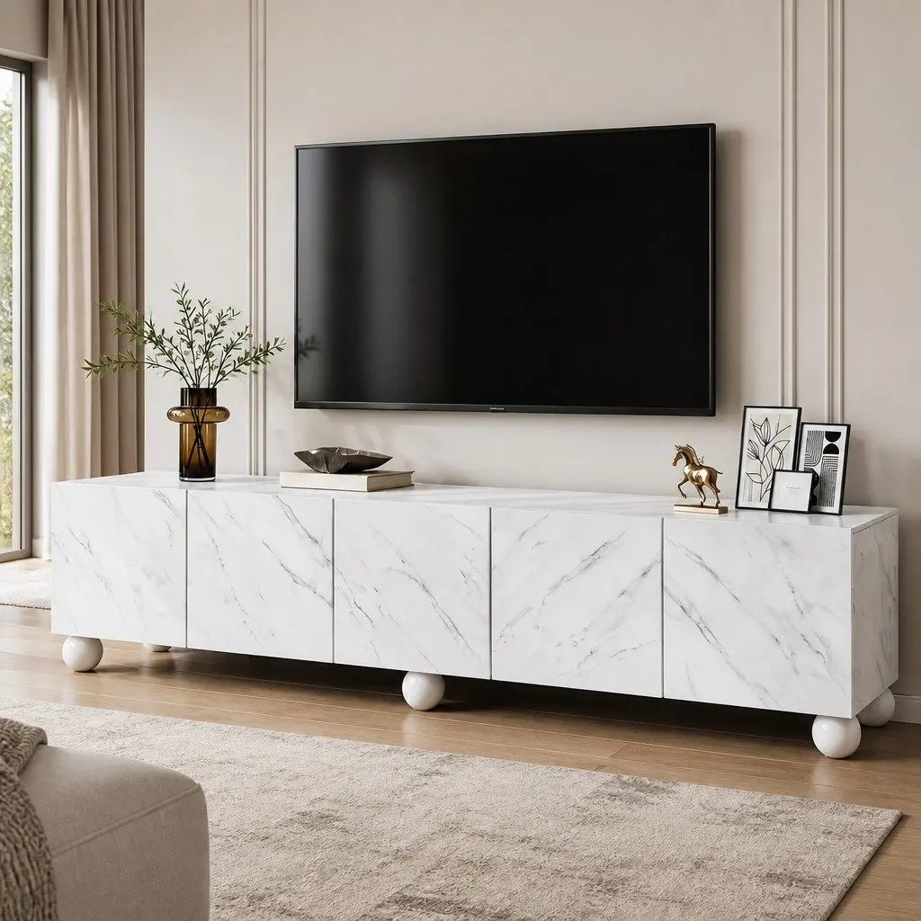 White TV Unit Modern 200cm E1 MDF Rubber Wood