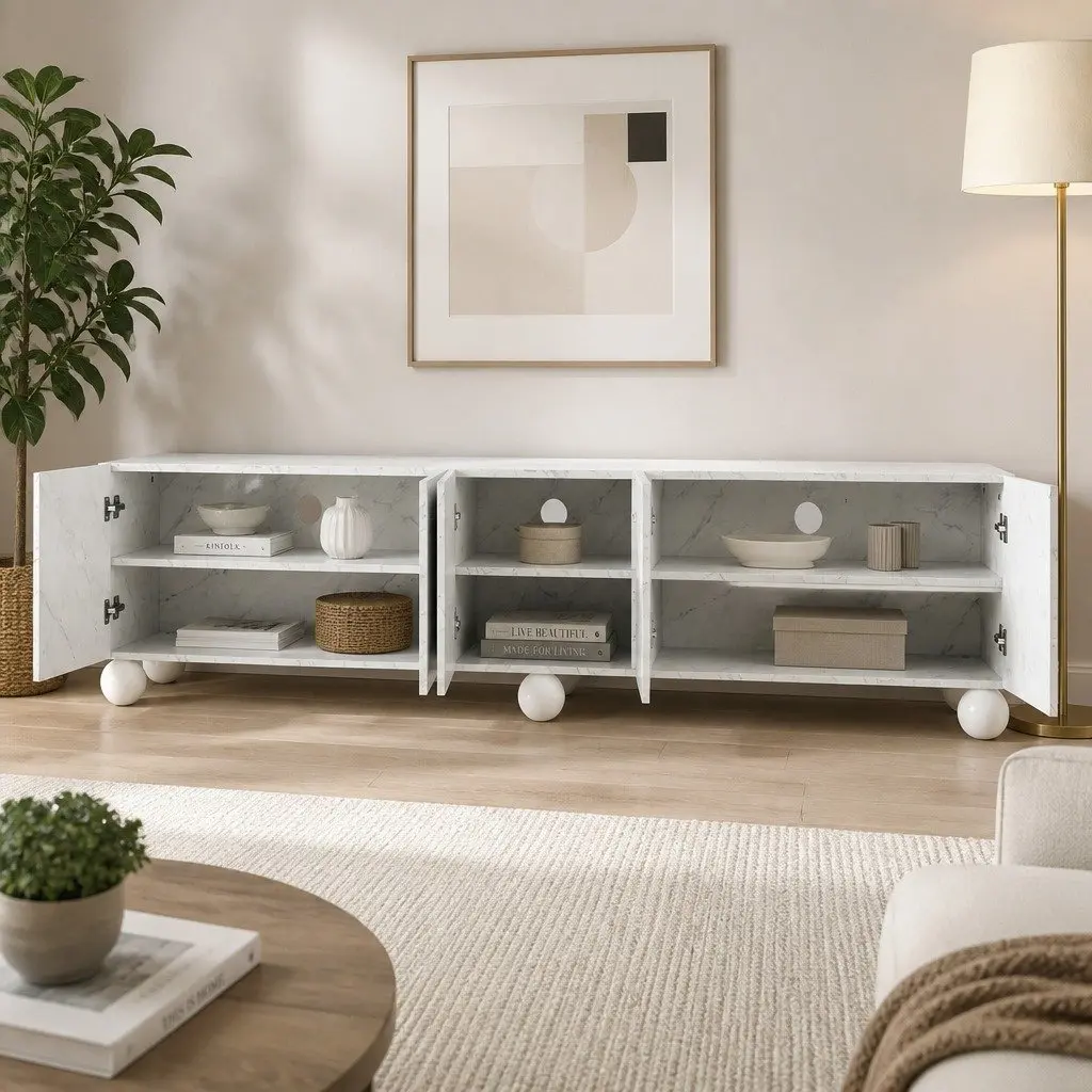 White TV Unit Modern 200cm E1 MDF Rubber Wood