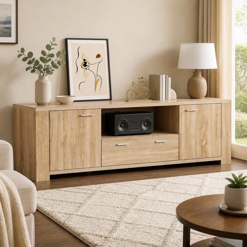 180cm TV Unit Entertainment Storage Cabinet Drawer Shelf Open Display Pine