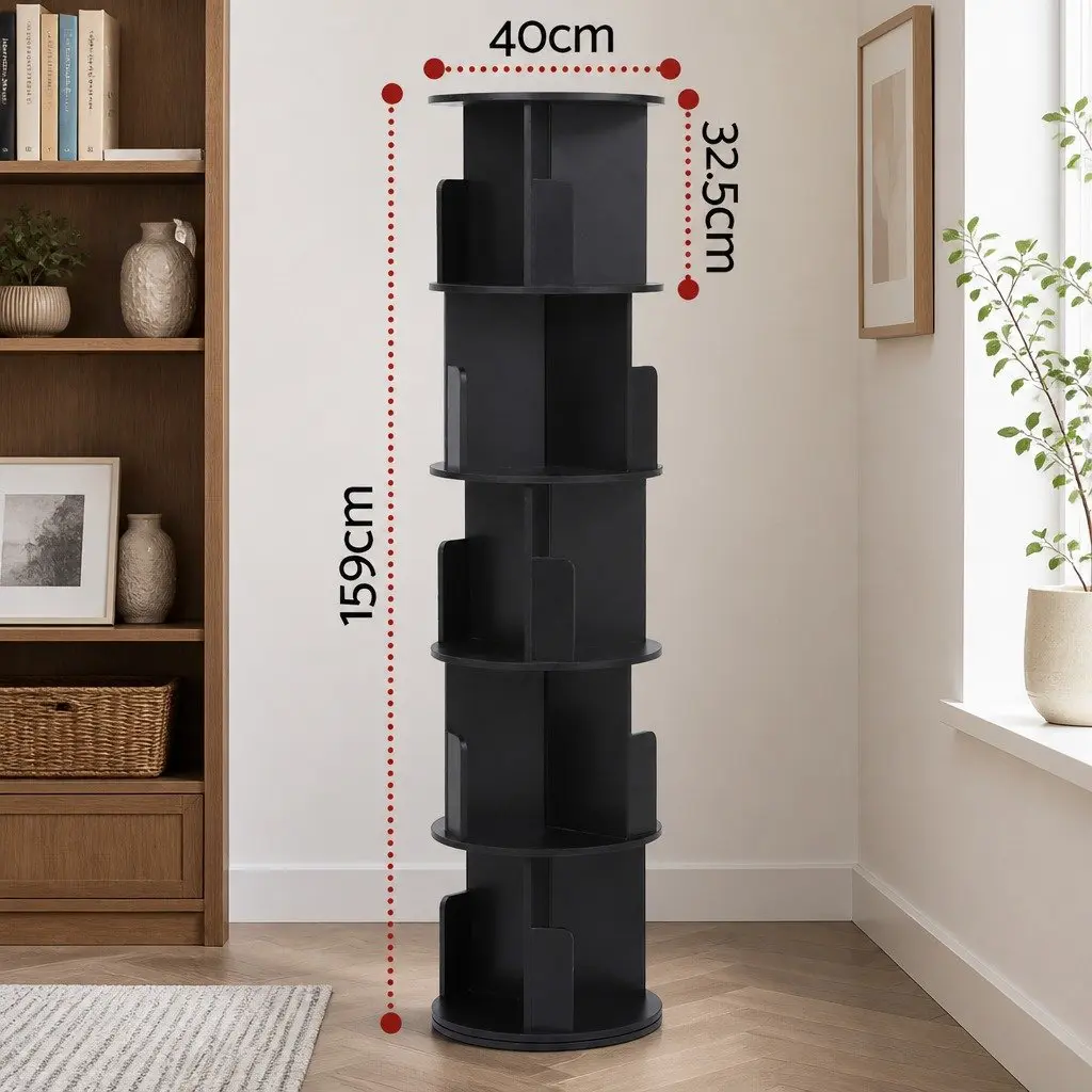 5 Tier Round Rotating Bookshelf Swivel Display Stand Storage Shelves Black