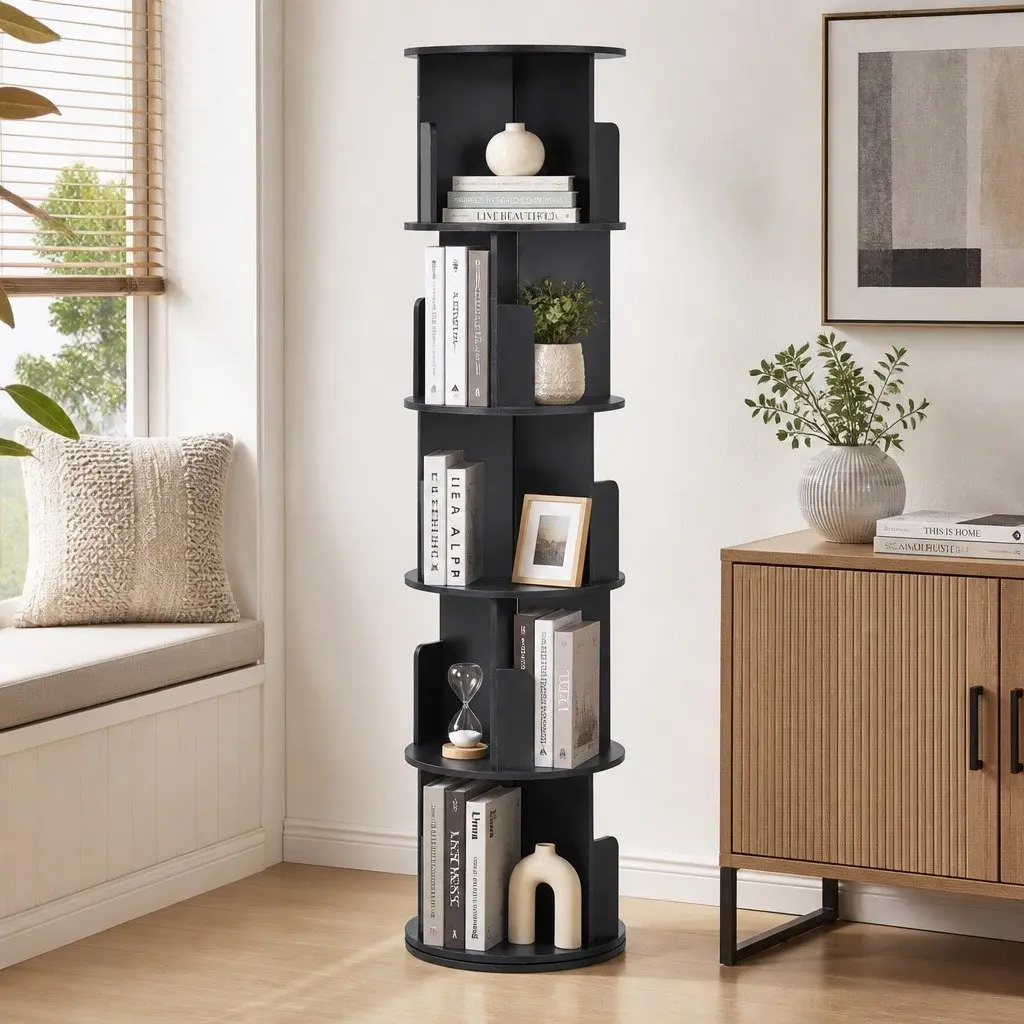 5 Tier Round Rotating Bookshelf Swivel Display Stand Storage Shelves Black
