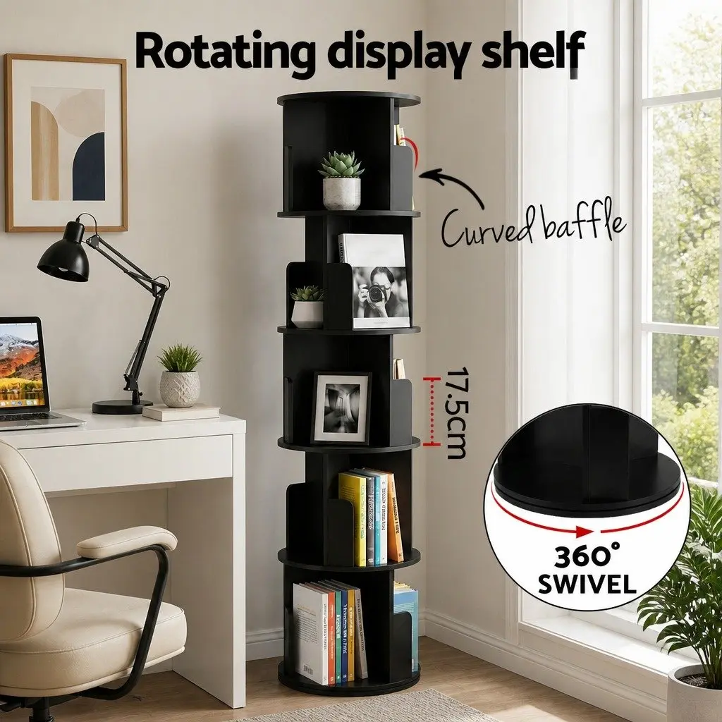 5 Tier Round Rotating Bookshelf Swivel Display Stand Storage Shelves Black