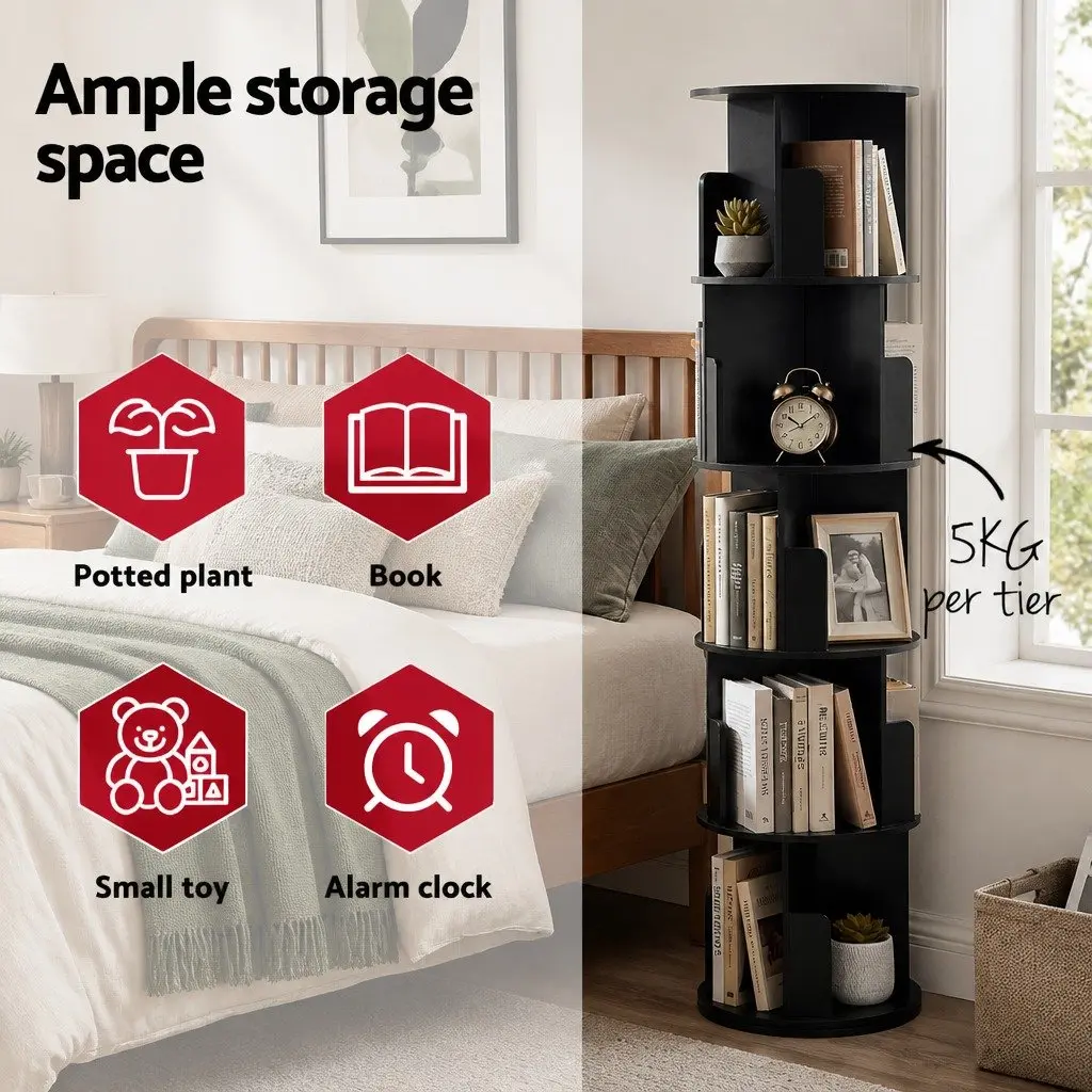 5 Tier Round Rotating Bookshelf Swivel Display Stand Storage Shelves Black