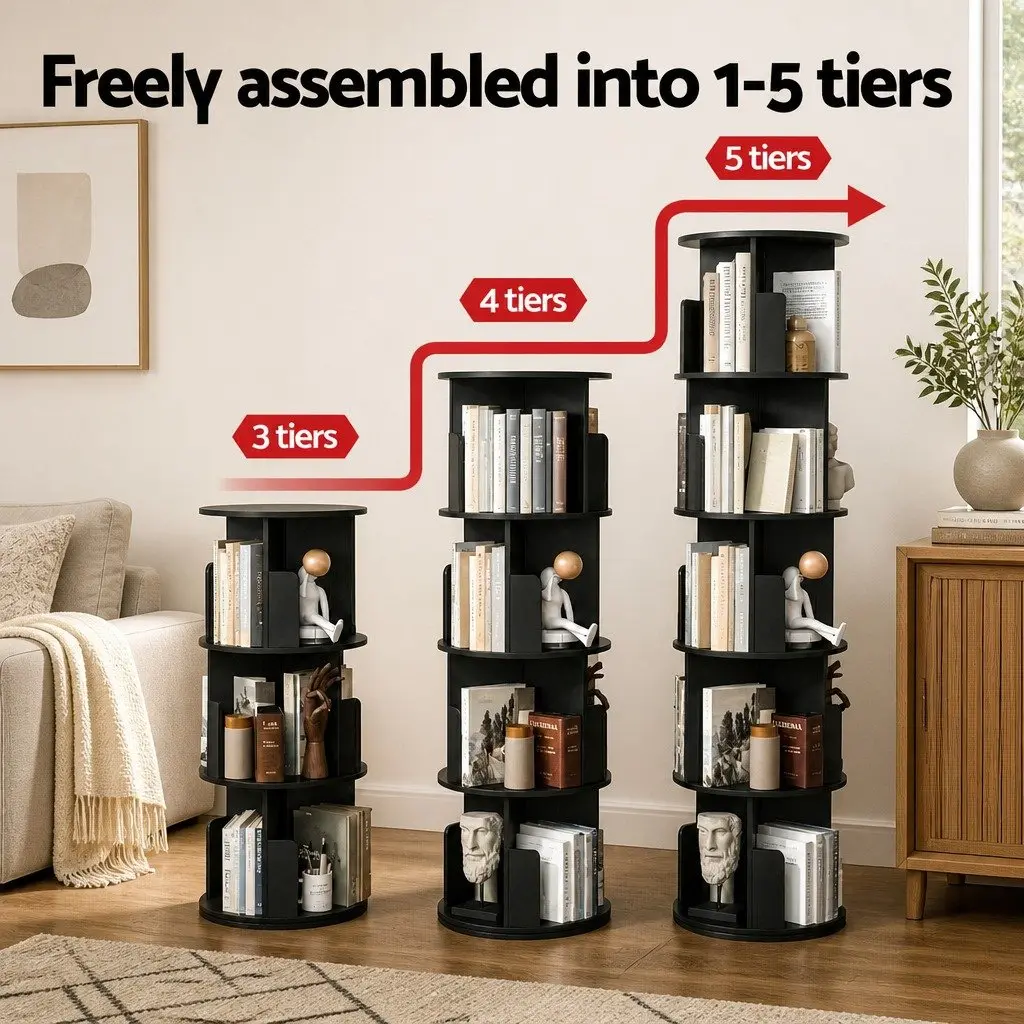 5 Tier Round Rotating Bookshelf Swivel Display Stand Storage Shelves Black