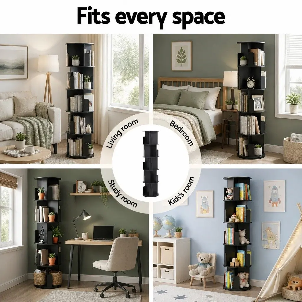 5 Tier Round Rotating Bookshelf Swivel Display Stand Storage Shelves Black