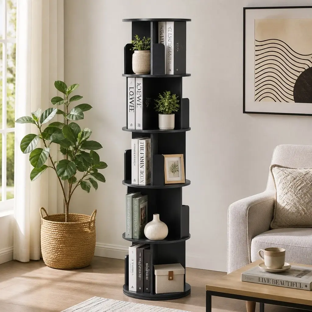 5 Tier Round Rotating Bookshelf Swivel Display Stand Storage Shelves Black