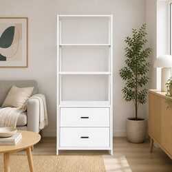 Three-Tier White Bookshelf with Two Drawers