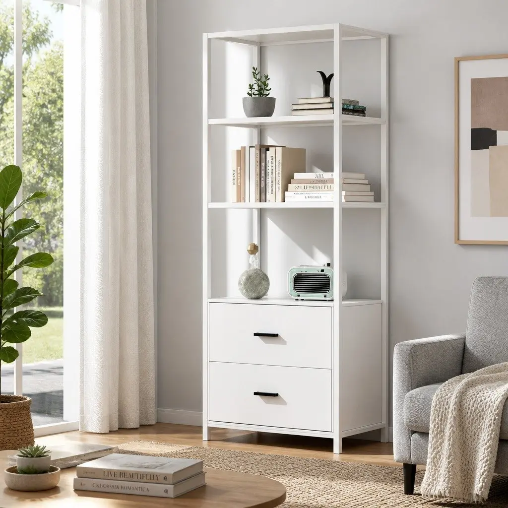Bookshelf Display Shelf 152CM White 3 Tier with 2 Drawers Storage Bookcase
