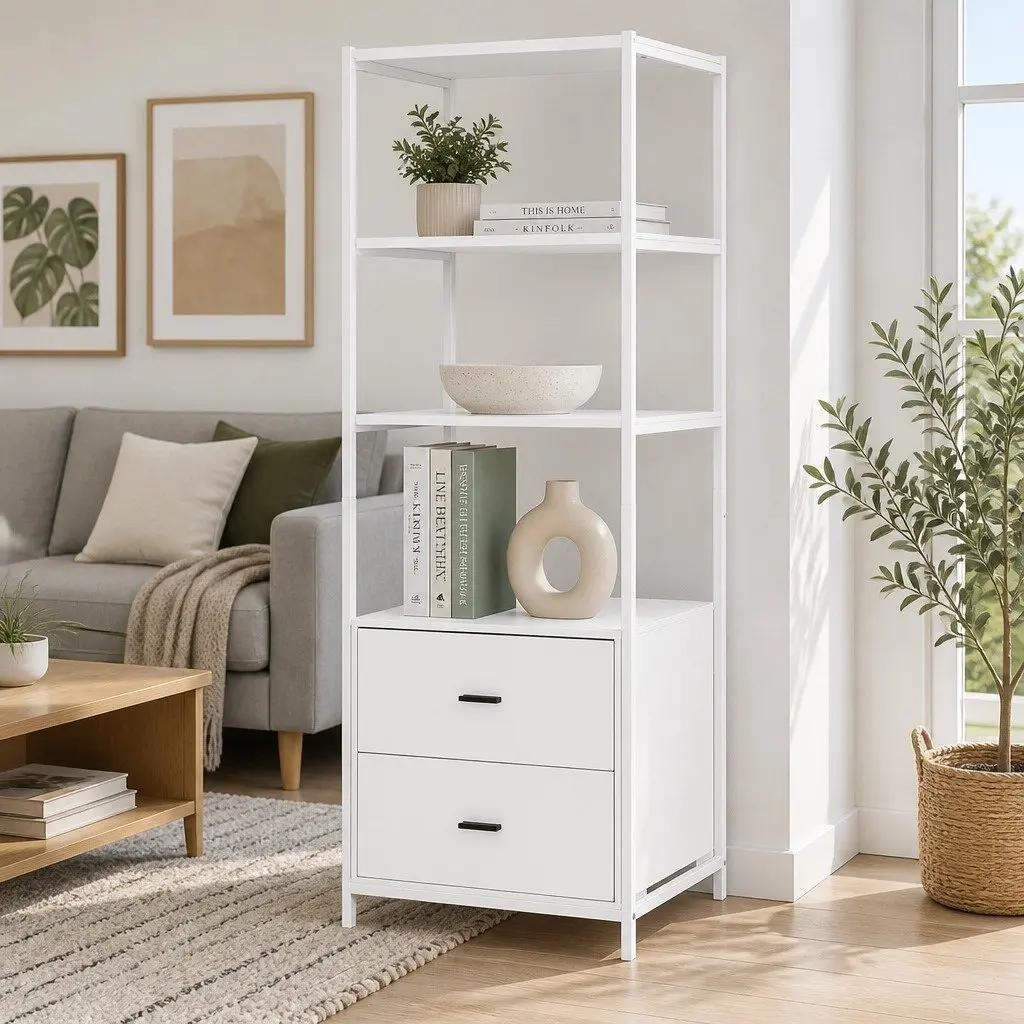 Bookshelf Display Shelf 152CM White 3 Tier with 2 Drawers Storage Bookcase