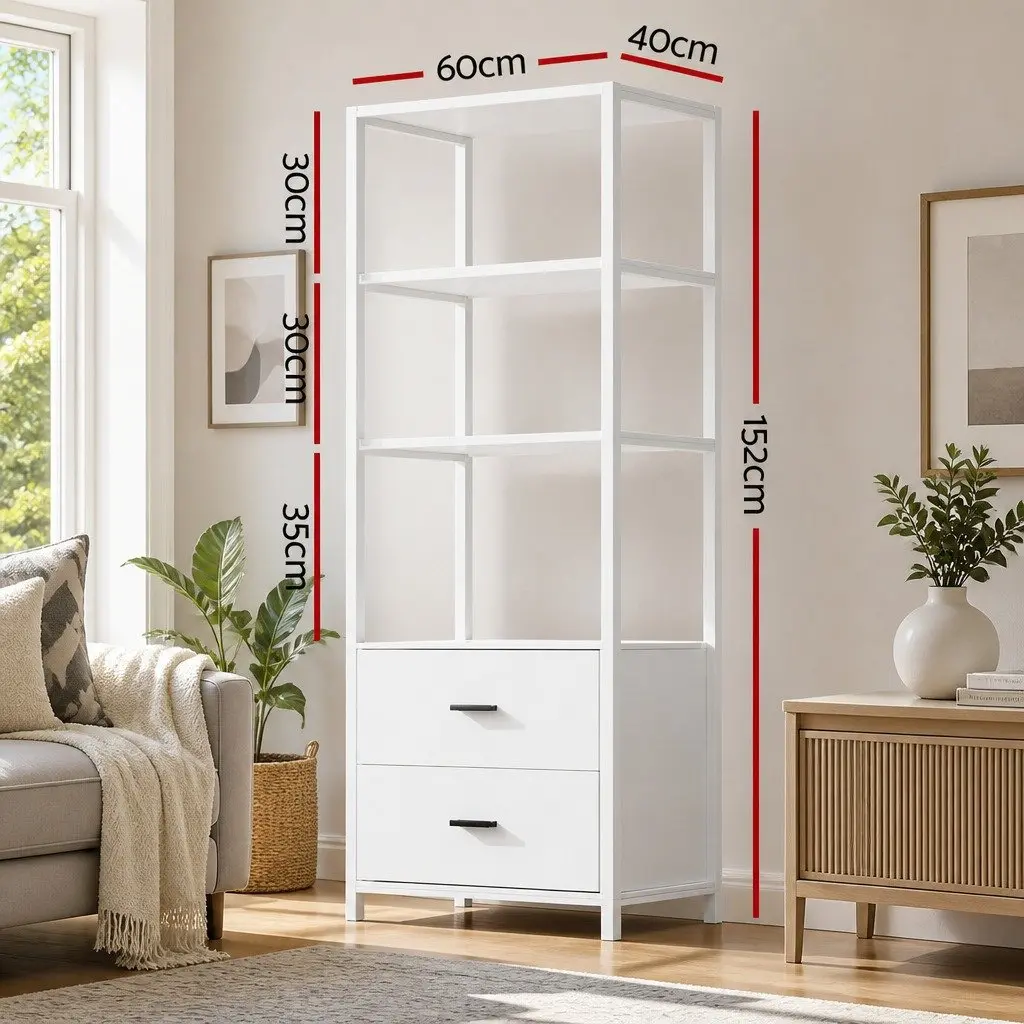 Bookshelf Display Shelf 152CM White 3 Tier with 2 Drawers Storage Bookcase