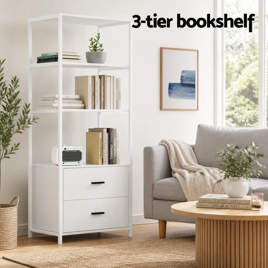 Bookshelf Display Shelf 152CM White 3 Tier with 2 Drawers Storage Bookcase
