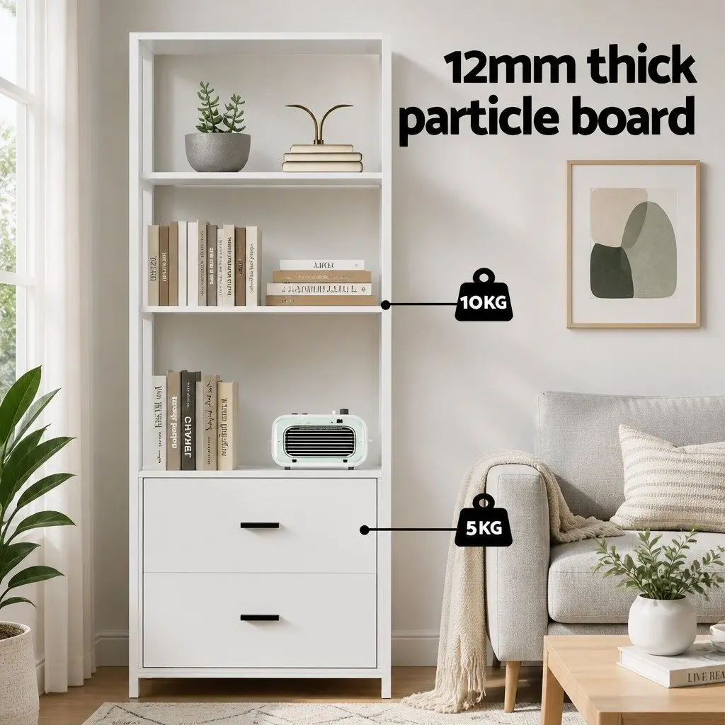 Bookshelf Display Shelf 152CM White 3 Tier with 2 Drawers Storage Bookcase