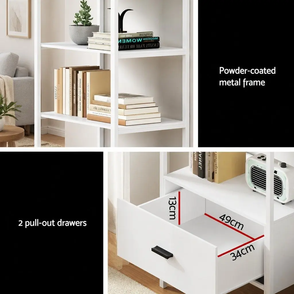 Bookshelf Display Shelf 152CM White 3 Tier with 2 Drawers Storage Bookcase