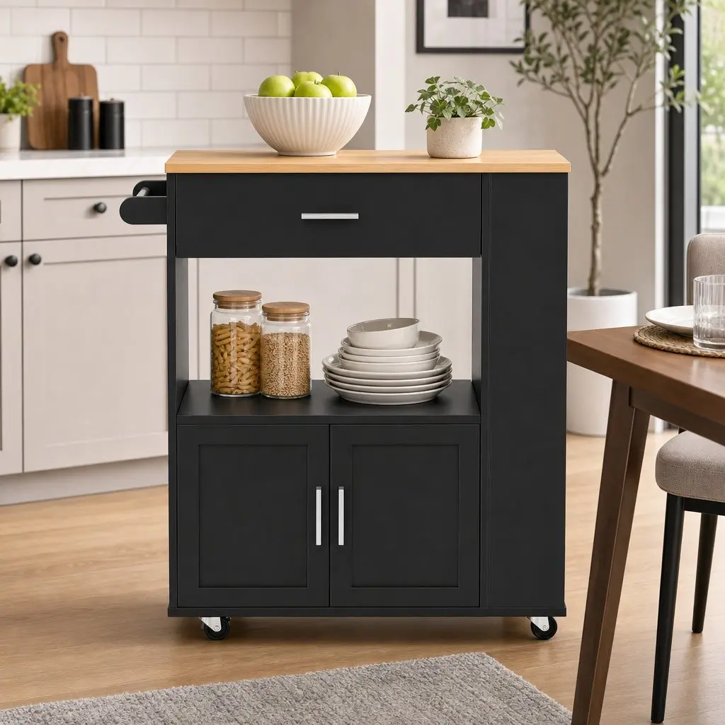 Kitchen Trolley Rolling Serving Cart Black Engineered Wood Iron Frame 75cm x 46cm x 92.5cm