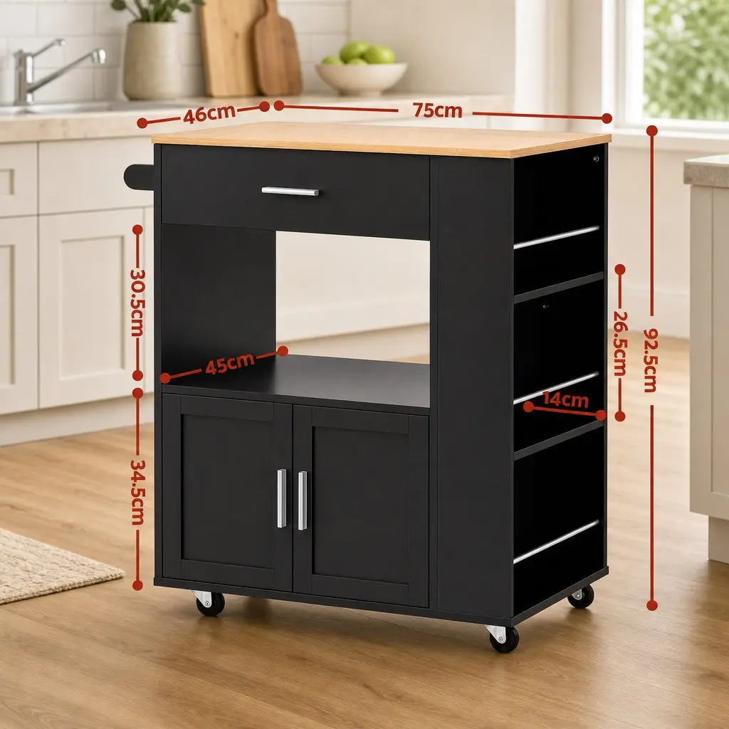 Kitchen Trolley Rolling Serving Cart Black Engineered Wood Iron Frame 75cm x 46cm x 92.5cm