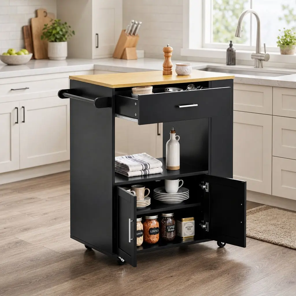 Kitchen Trolley Rolling Serving Cart Black Engineered Wood Iron Frame 75cm x 46cm x 92.5cm
