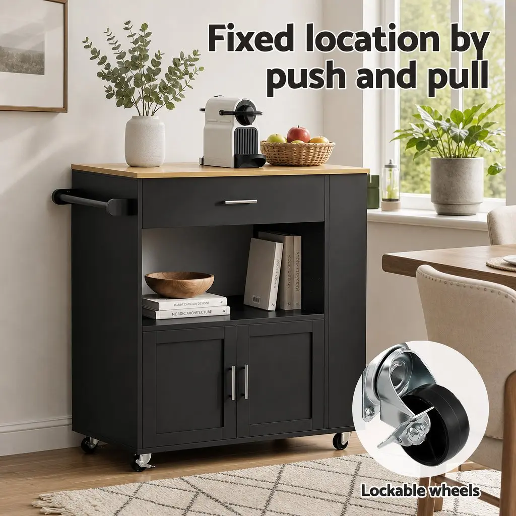 Kitchen Trolley Rolling Serving Cart Black Engineered Wood Iron Frame 75cm x 46cm x 92.5cm