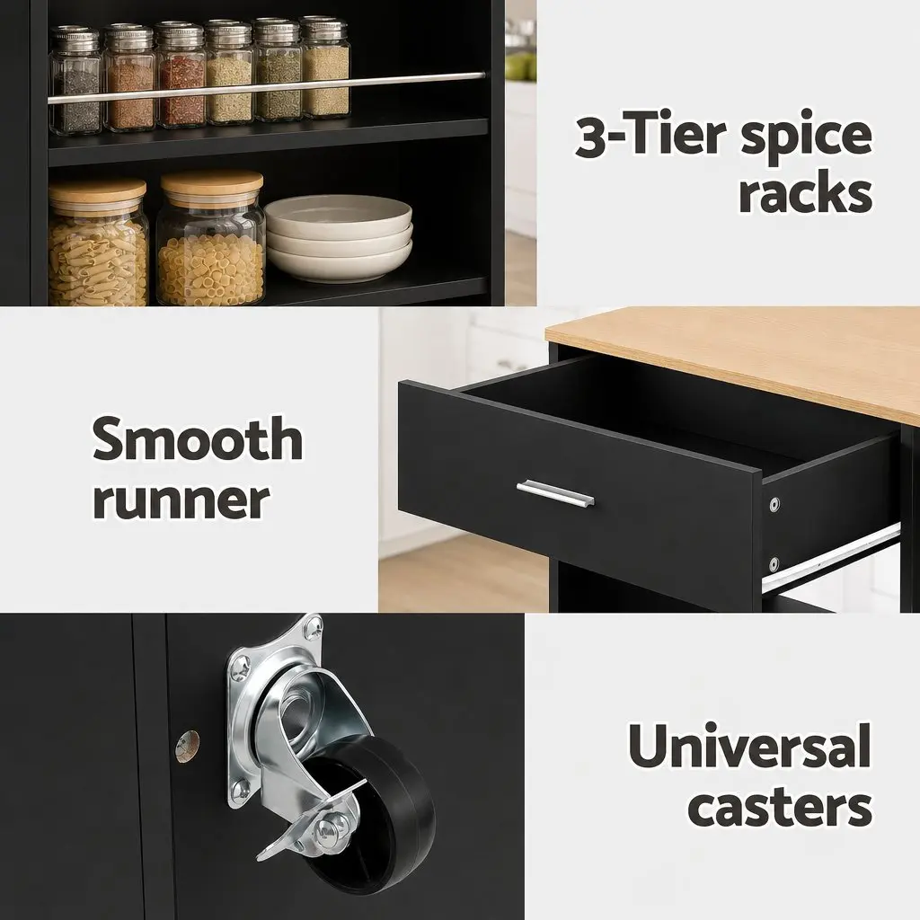 Kitchen Trolley Rolling Serving Cart Black Engineered Wood Iron Frame 75cm x 46cm x 92.5cm