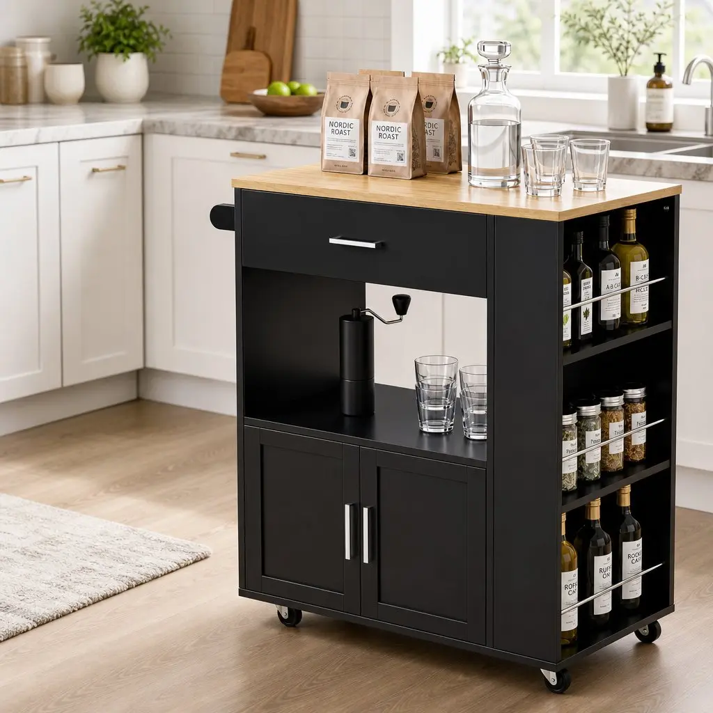 Kitchen Trolley Rolling Serving Cart Black Engineered Wood Iron Frame 75cm x 46cm x 92.5cm