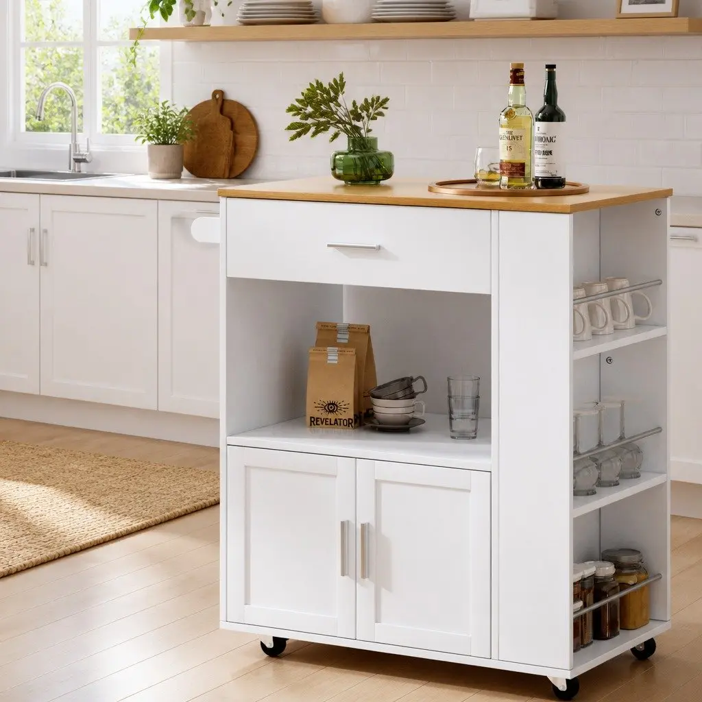 Kitchen Island Trolley Rolling Serving Cart Pine Wood 75cm W x 46cm D x 92.5cm H Particle Board Frame