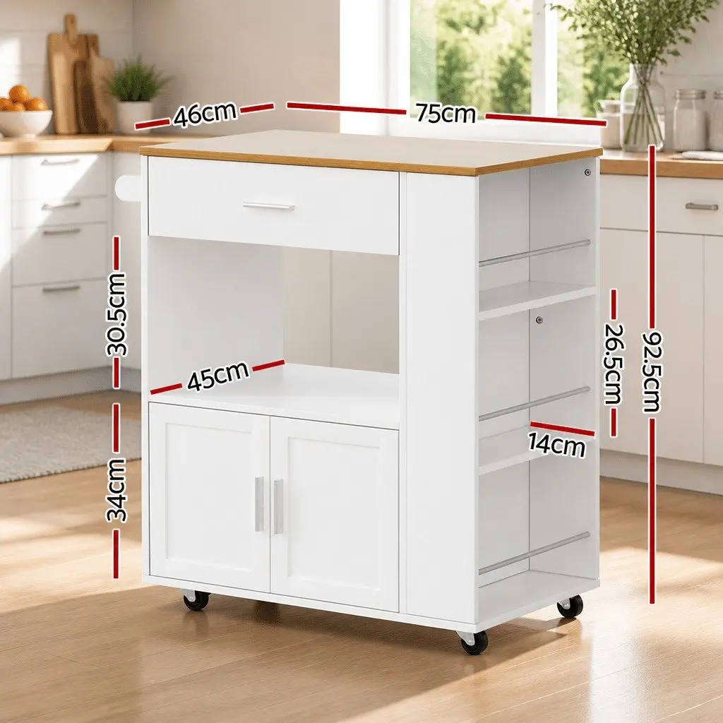 Kitchen Island Trolley Rolling Serving Cart Pine Wood 75cm W x 46cm D x 92.5cm H Particle Board Frame