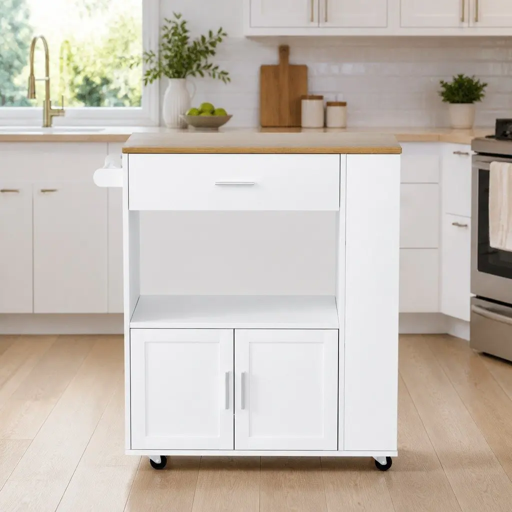 Kitchen Island Trolley Rolling Serving Cart Pine Wood 75cm W x 46cm D x 92.5cm H Particle Board Frame
