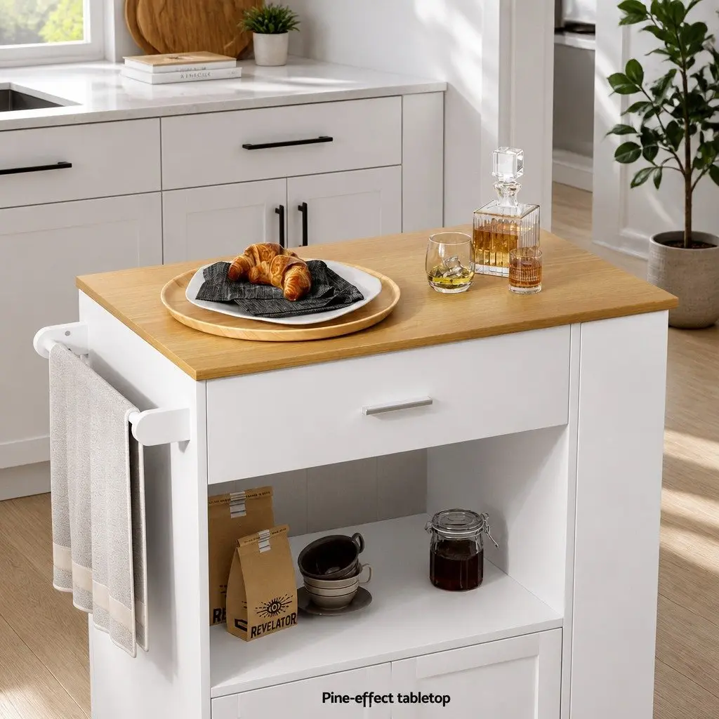 Kitchen Island Trolley Rolling Serving Cart Pine Wood 75cm W x 46cm D x 92.5cm H Particle Board Frame
