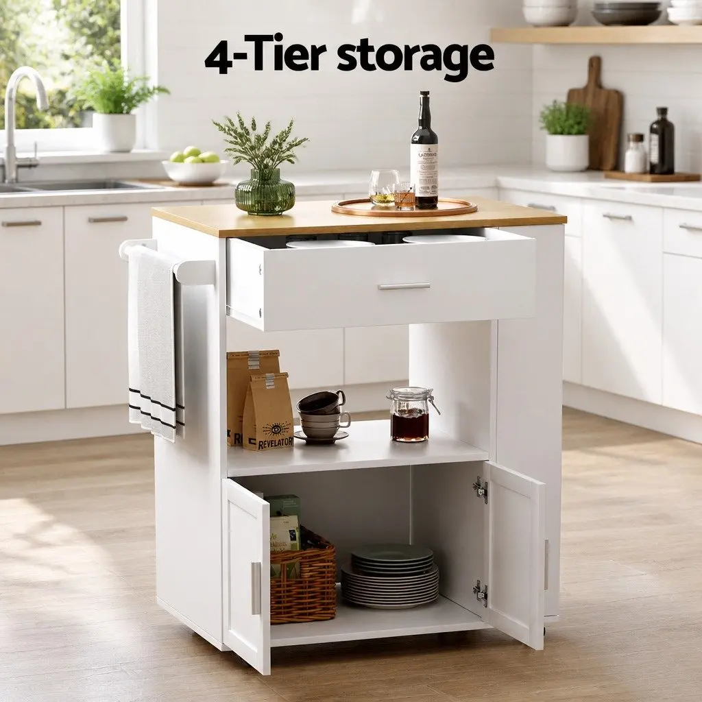Kitchen Island Trolley Rolling Serving Cart Pine Wood 75cm W x 46cm D x 92.5cm H Particle Board Frame