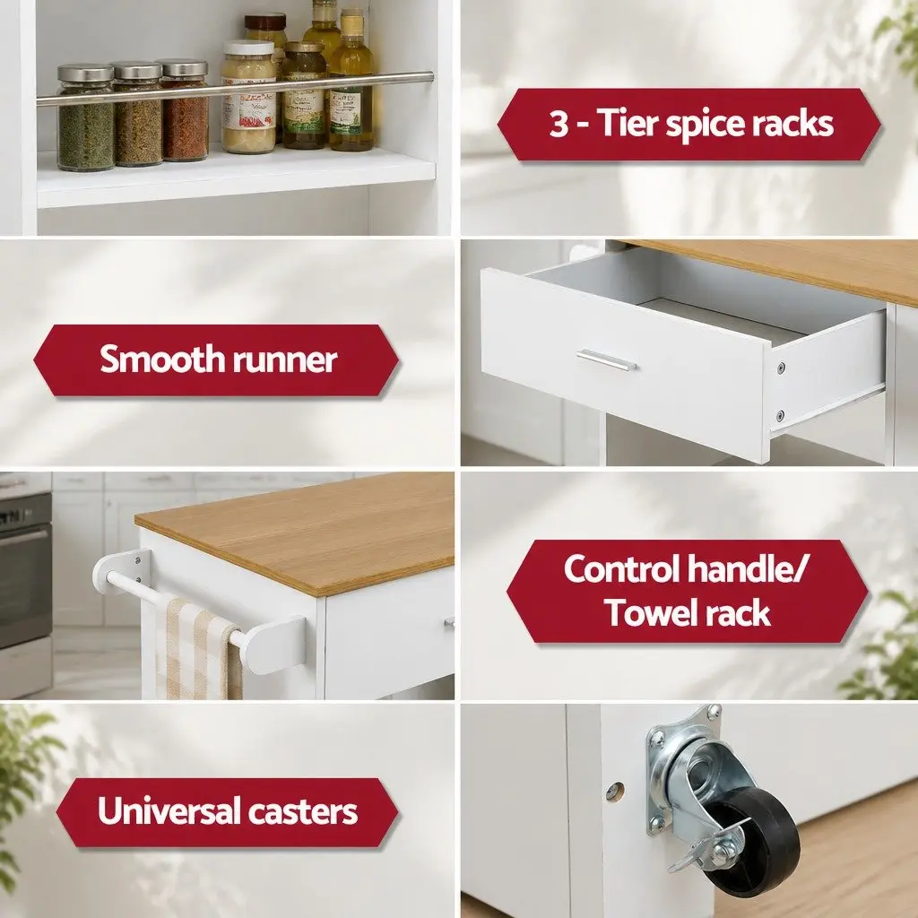Kitchen Island Trolley Rolling Serving Cart Pine Wood 75cm W x 46cm D x 92.5cm H Particle Board Frame