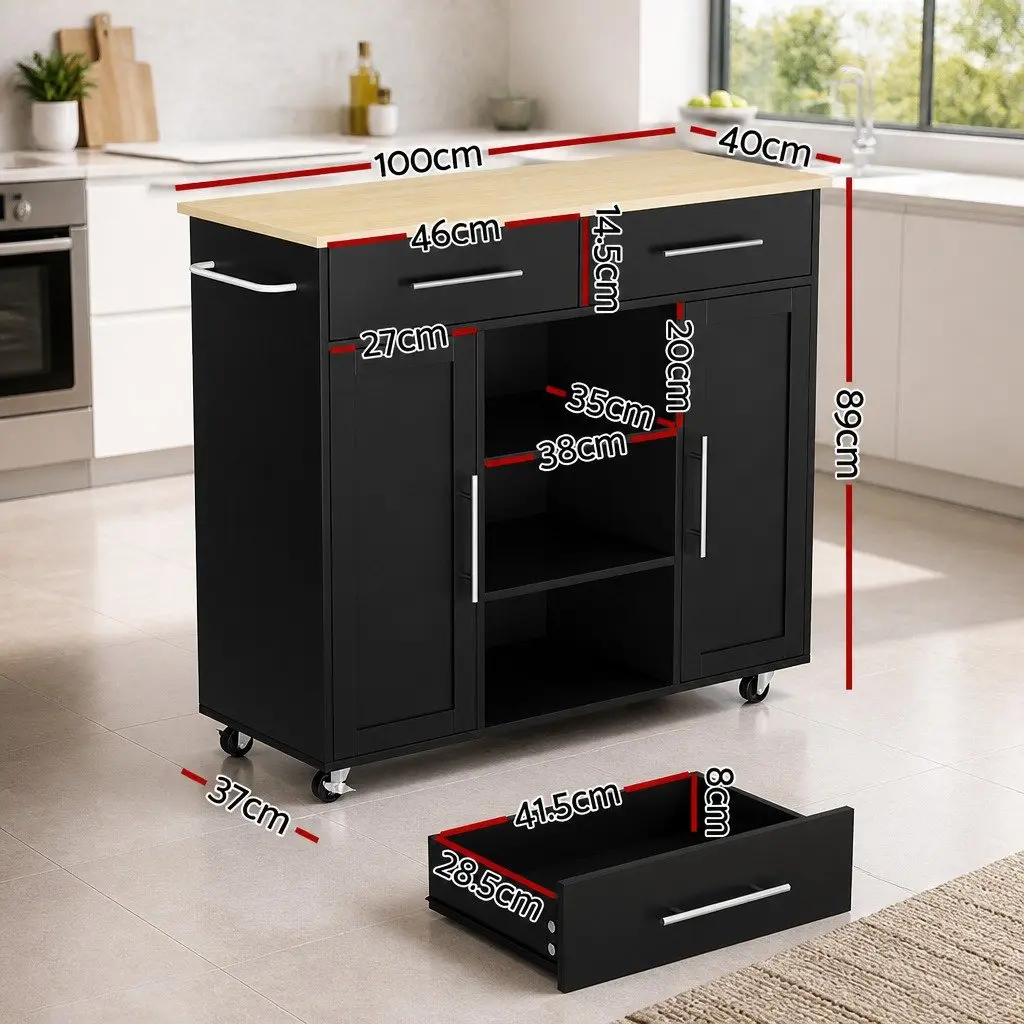 Kitchen Island Trolley Rolling Serving Cart 100cm Black Engineered Wood