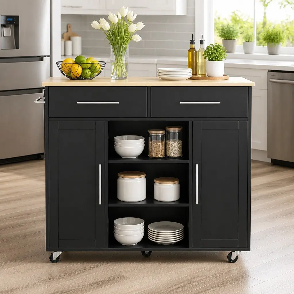Kitchen Island Trolley Rolling Serving Cart 100cm Black Engineered Wood