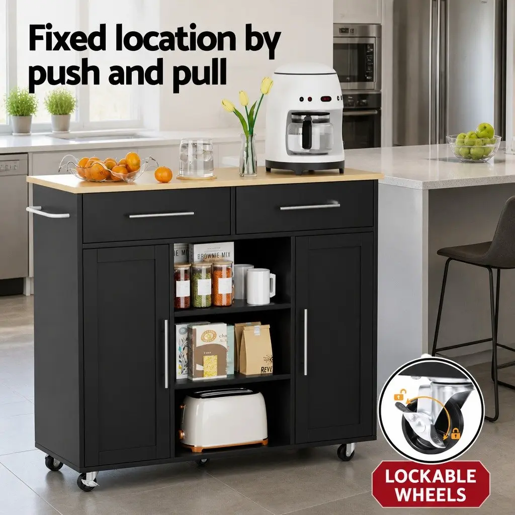 Kitchen Island Trolley Rolling Serving Cart 100cm Black Engineered Wood