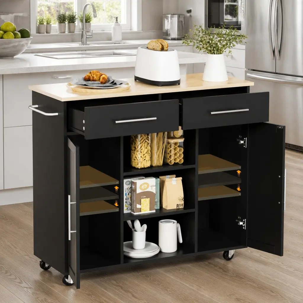 Kitchen Island Trolley Rolling Serving Cart 100cm Black Engineered Wood