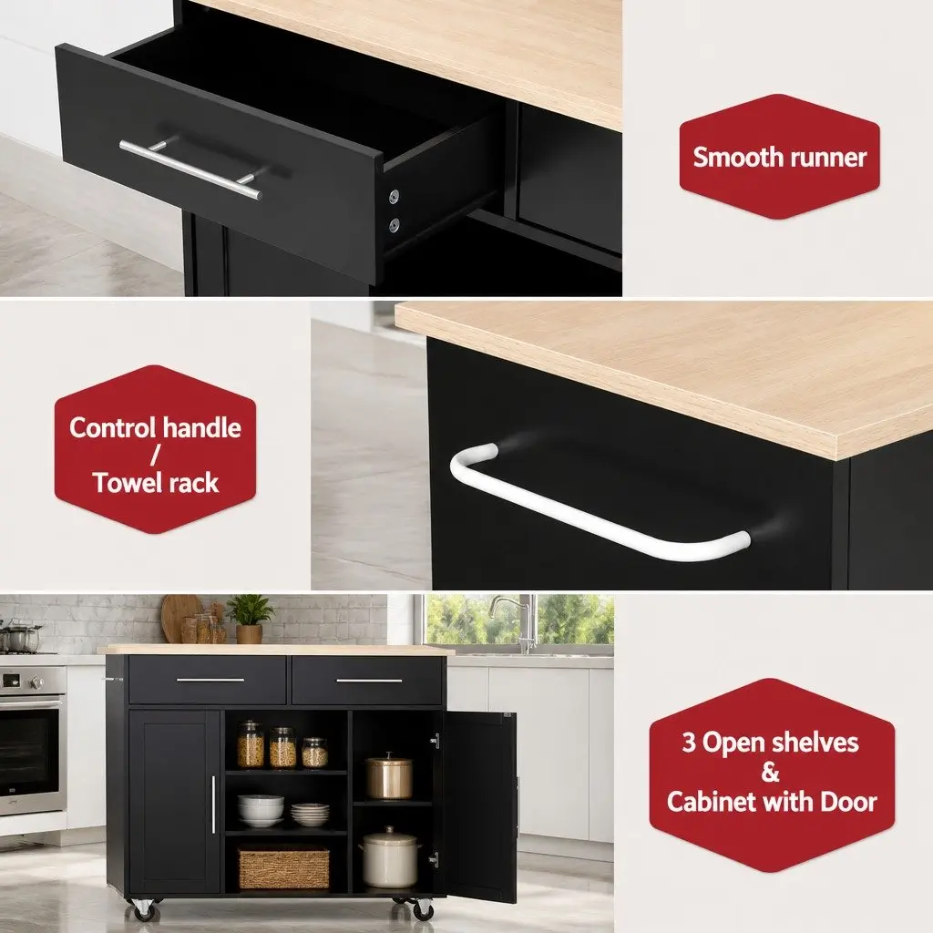 Kitchen Island Trolley Rolling Serving Cart 100cm Black Engineered Wood