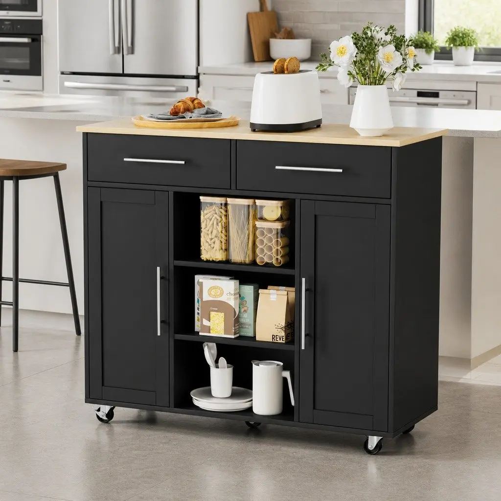 Kitchen Island Trolley Rolling Serving Cart 100cm Black Engineered Wood