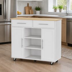 White Rolling Kitchen Island Trolley with Storage